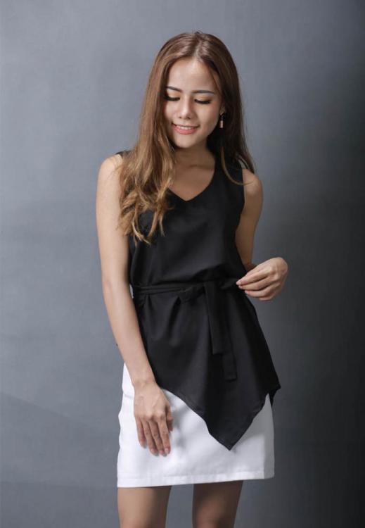 Set đầm công sở áo sơ mi chéo tà nơ eo