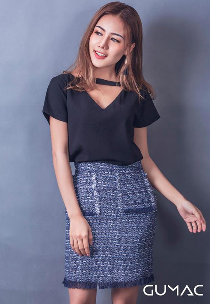Set đầm công sở áo sơ mi chocker chân váy tuarua
