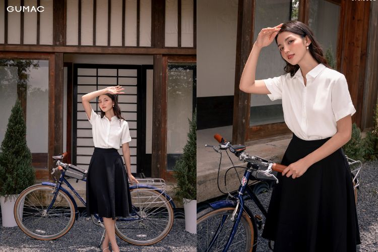 Áo kiểu với chân váy chữ A