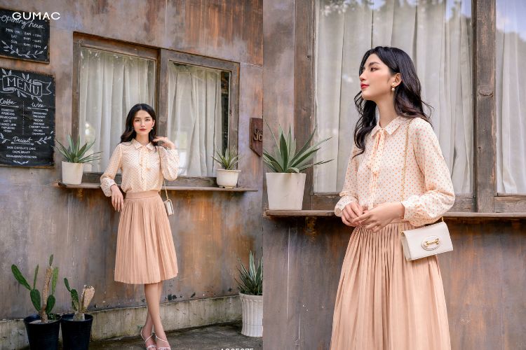 Váy suông dài kết hợp với áo sơ mi thanh lịch